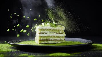 Layers of matcha dessert with vibrant green powder scattered around in a dramatic presentation photo