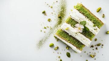 Delicious green cake with creamy layers and pistachio decoration presented on a light background photo