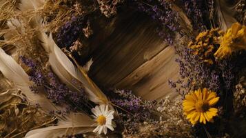 Beautifully arranged dried flowers and feathers create an elegant natural frame on a rustic wooden background photo