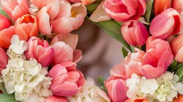 Colorful tulip and hydrangea floral arrangement showcasing spring beauty photo