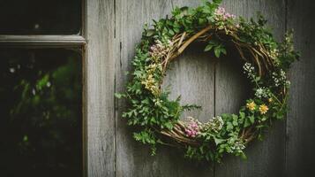 Decorative wreath adorned with fresh flowers hangs on rustic wooden wall photo