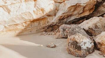 Quiet sandy cove with large rocks under golden sunlight in a secluded beach location photo