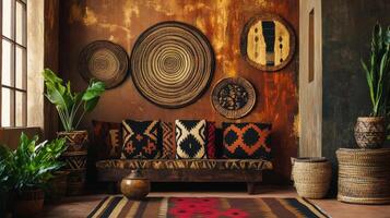 Warm and inviting interior with woven decor and vibrant patterns in a cozy artful space. Geometric African prints photo