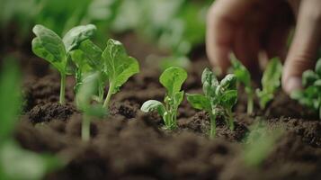 Hands gently tending to young green plants in rich soil during springtime planting in a home garden photo