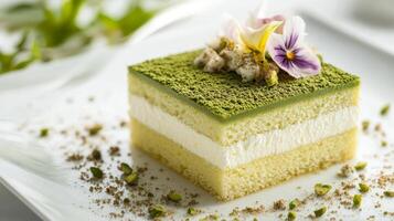 Delicious layered dessert with green tea and floral garnishes artfully presented on a plate photo