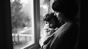Tender moment between mother and child at home during a cozy day indoors photo