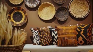Interior design showcasing woven baskets and decorative pillows in a cozy setting with natural elements. Geometric African prints photo