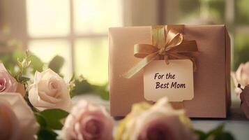 Thoughtful gift for the best mom surrounded by beautiful roses on a sunny day photo