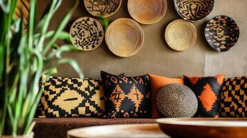 Vibrant decor featuring patterned cushions and woven baskets in a cozy interior setting with natural elements. Geometric African prints photo