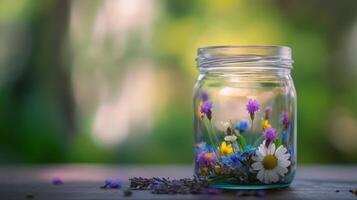 Colorful wildflowers arranged in a glass jar on a wooden table during a sunny afternoon outdoors photo