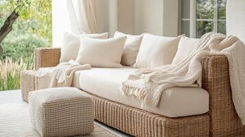 Cozy wicker couch with soft cushions and textured throws in a serene outdoor setting on a sunny day photo