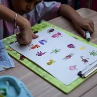 A child is drawing on a piece of paper with a marker photo