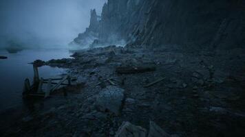 Misty shoreline with rocky cliffs and weathered wood at dawn video