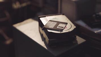 Hard drive with floppy disk on top resting on a desk in a cluttered workspace video