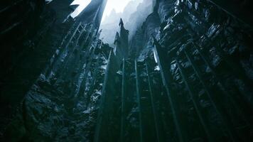 Exploring a dramatic canyon with towering rock formations under bright light video