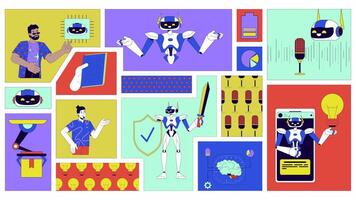 AI technologies animated bento grid layout. Intelligence artificial. Diverse engineers. Robotics android robots 2D animation flat cartoon ui collage design. 4K motion graphic collection video