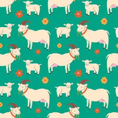 Cute goat and baby goat seamless pattern on green background