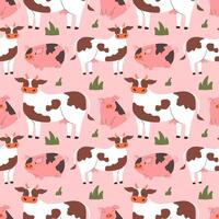 Playful cows and pigs in flat style on light background seamless pattern vector