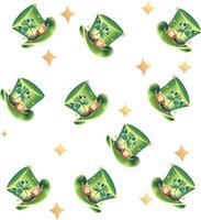Seamless pattern with Cute Leprechaun Hat. With sparkling light. Irish celebration. Comes with green shamrock. Isolated on Background. St. Patrick's Day. vector
