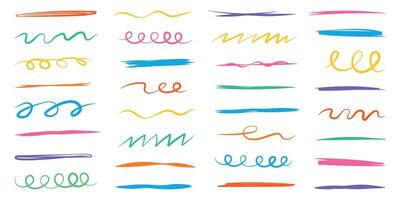 Hand drawn Crayon underlines. Kids abstract collection for sketch, chalk texture. Children underlines, color brush stroke, lines of pencil set. Isolated illustration. vector
