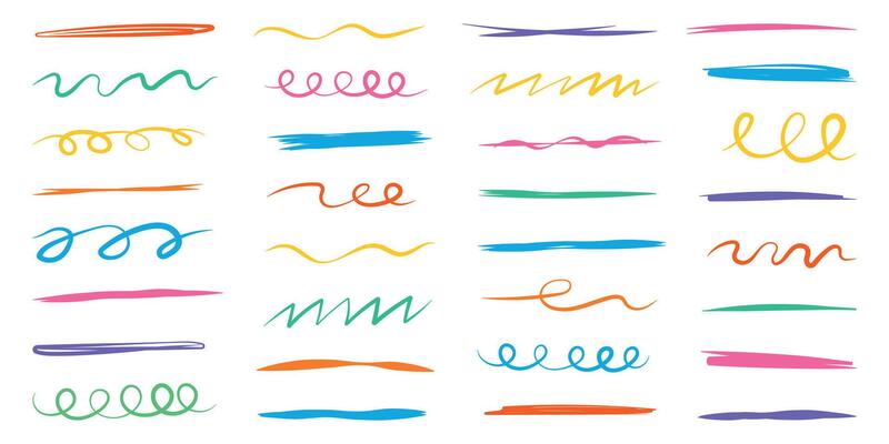 Hand drawn Crayon underlines. Kids abstract collection for sketch, chalk texture. Children underlines, color brush stroke, lines of pencil set. Isolated illustration.