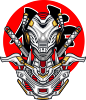 a samurai robot wearing a helmet and has two swords png