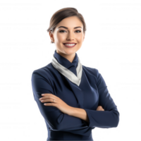 A smiling flight attendant in a crisp uniform transparent background png