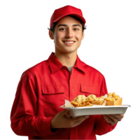 Fast food employee in a bright uniform holding a tray of food transparent background png