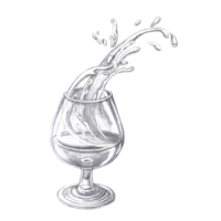 Dynamic splashes in a glass of cognac. Isolated pencil illustration for menu design, bar card, gastronomic shows and magazines, cookbook. png