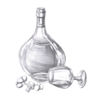 Bottle of cognac and fallen glass with in pencil. Isolated illustration on the theme of alcoholic drinks for menu design, cookbook, gastronomic magazines and festivals. png