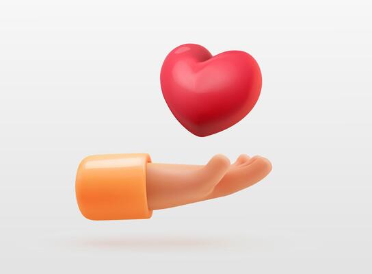 3d cartoon heart in hand, symbol of love, care, and generosity. Valentines Day, charity, volunteer campaigns, social awareness, and emotional connection illustration. Isolated design elements