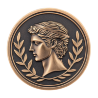 A bronze medal featuring a classic profile and laurel leaves in detailed design. png