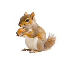 A cute squirrel holds a nut in its paws, showcasing its fluffy tail and curious expression. png