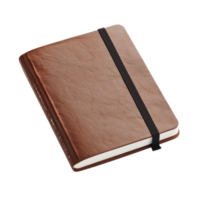 A stylish brown leather notebook with a black elastic band, perfect for jotting notes. png