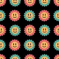 Retro groovy floral pattern. Flowers with emoji on a black background. illustration for summer design, background, fabric, wrapping paper, cover, paper vector