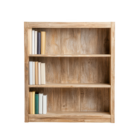 A rustic wooden bookshelf with empty shelves ready for books and decorations. png