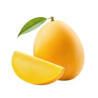 Fresh mango with a slice and green leaf on a clean background. png