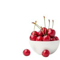 Fresh, juicy cherries in a white bowl with a few scattered cherries around. png