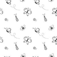 Seamless pattern of Doodle insects. Animal background with bee, butterfly, ladybug and beetle. Hand drawn simple illustration in monochrome. Outline print for fabric, textile, wallpaper. vector