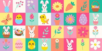 A colorful Easter collage featuring various animals and flowers. The image is a playful and cheerful representation of the holiday season vector