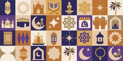 A geometric patter of Ramadan symbols, including a palm tree, a star, and a crescent moon vector