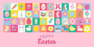 A colorful Easter card with a variety of Easter-themed images. The card is pink and features a bunny, a flower, a butterfly, and a bird. The image conveys a cheerful and festive mood vector