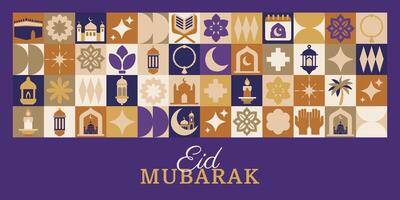 Eid Mubarak poster with many different symbols and designs, including a palm tree, a crescent moon, and a star. The poster is titled Eid Mubarak vector