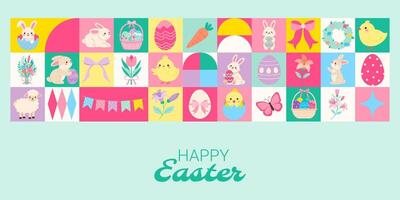 A colorful Easter poster with a variety of Easter-themed images. The poster is green and features a bunny, a carrot, a bird, and a wreath. The poster is titled Happy Easter vector