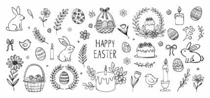 A black and white drawing of Easter decorations including Easter eggs, rabbits, and flowers. The drawing is titled Happy Easter and is filled with various Easter symbols vector