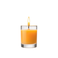 A candle with orange wax burning in a glass holder, creating a warm ambiance. png