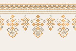 Cross stitch white cream brown color background motif retro ethnic fabric pattern. vector