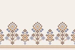 Ethnic pattern Cross stitch white cream brown color background motif retro pixel art fabric. vector
