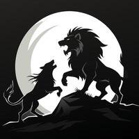Two lion fighting in front of the moon vector