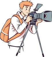 A man with a camera and backpack is taking a photo vector